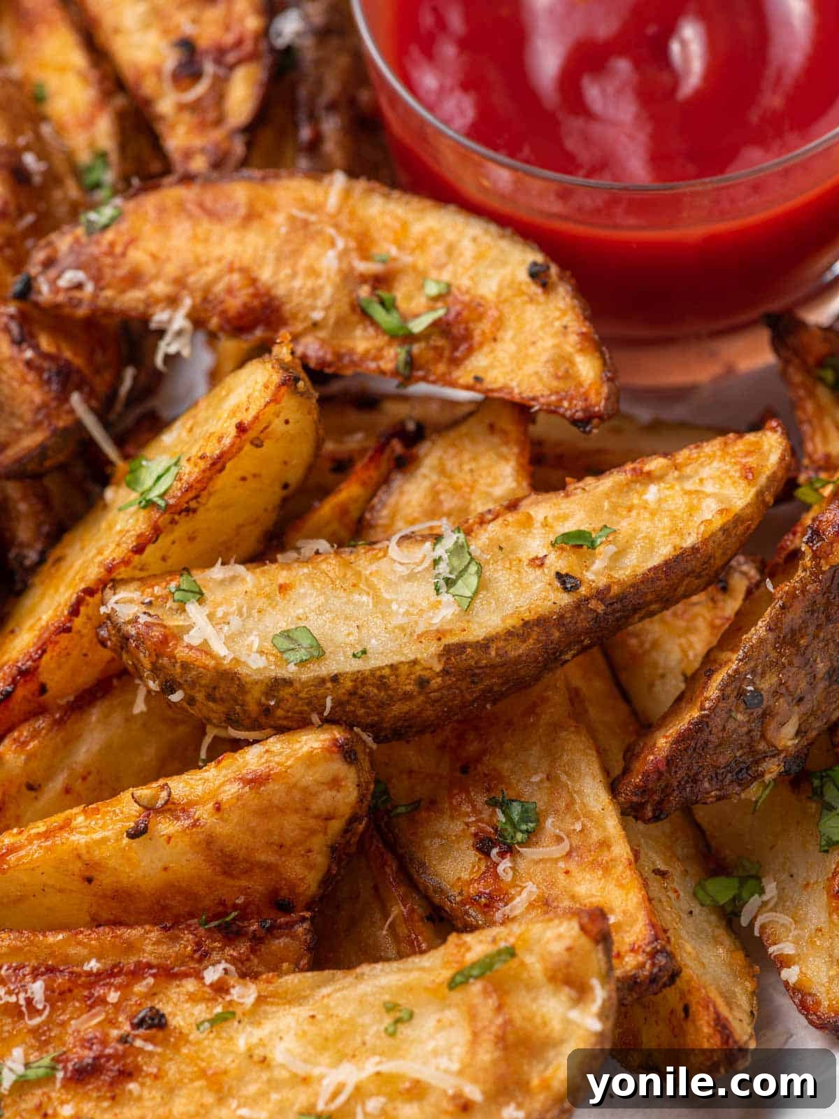 A close-up shot of crispy air fryer parmesan potato wedges, highlighting their golden texture, sprinkled cheese, and a dollop of ketchup on the side.