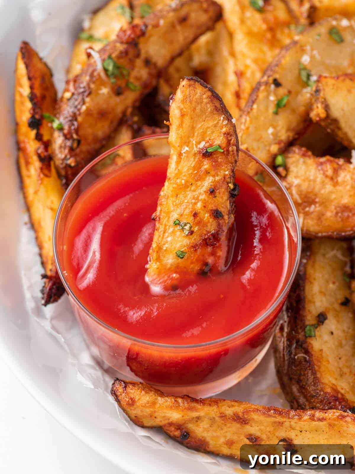 A plate of golden, crispy air fryer parmesan potato wedges, with one wedge being dipped into a small bowl of ketchup, highlighting their delicious appeal.