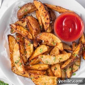 A plate of potato wedges air fryer with ketchup for dipping.