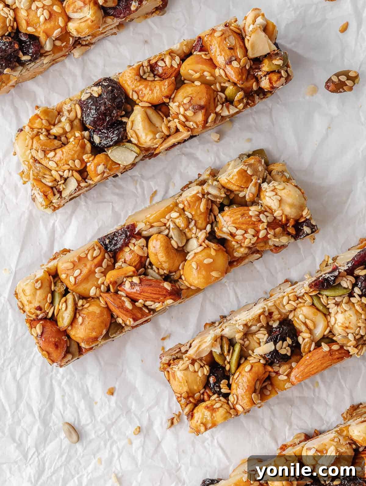Healthy nut bar recipe on parchment paper, showcasing the golden-brown, cut bars.