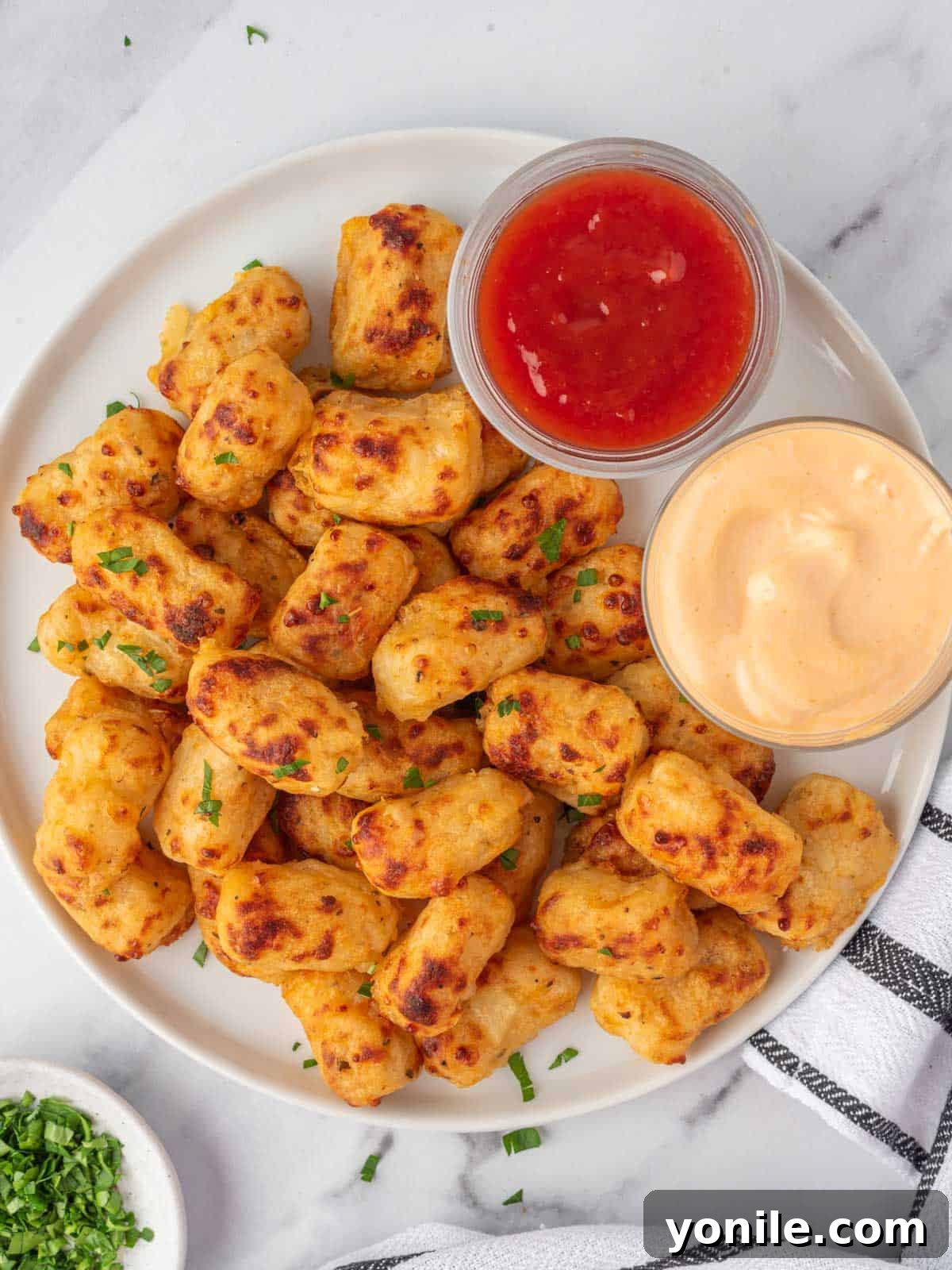 A plate of golden tater tots with dipping sauce.