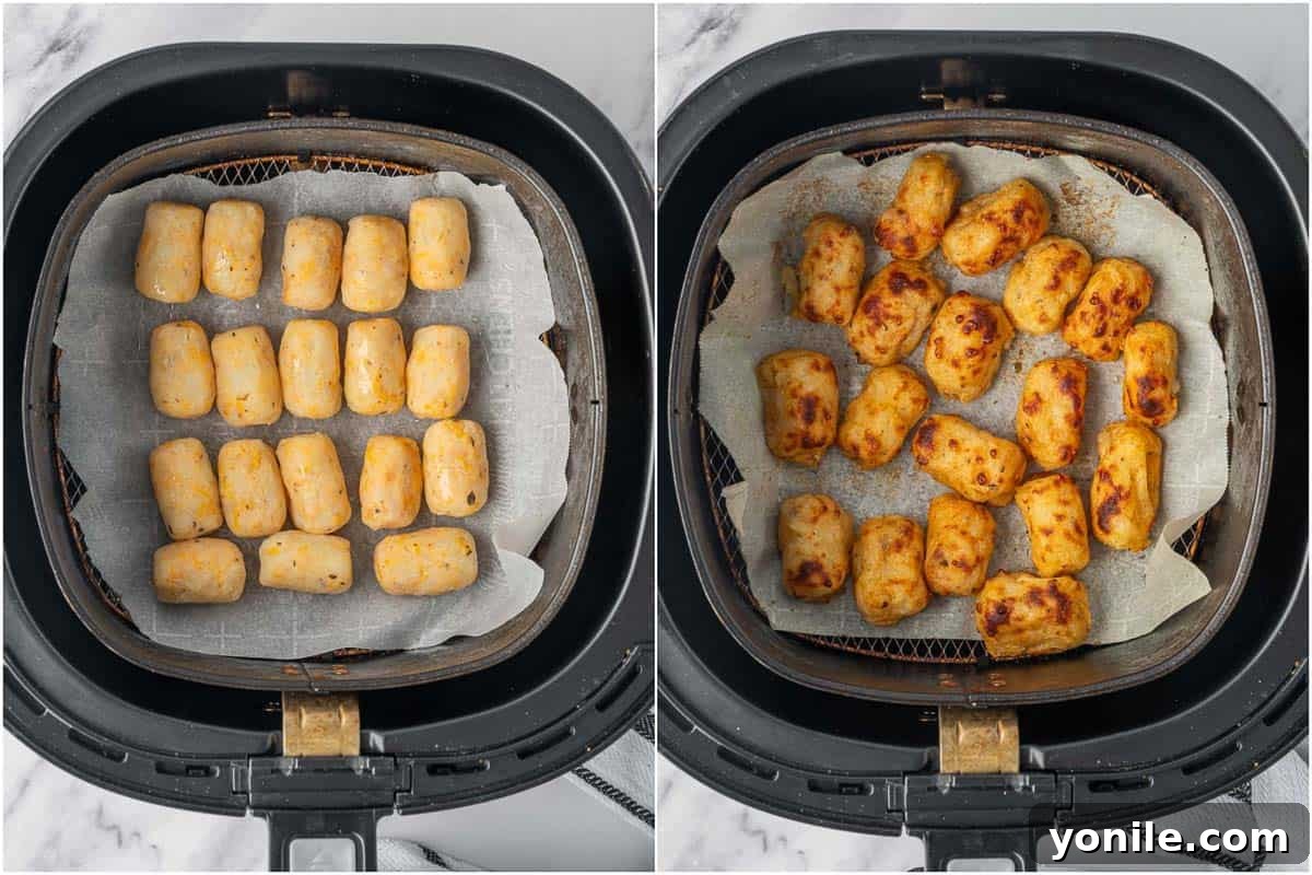Before and after of tater tots in air fryer.