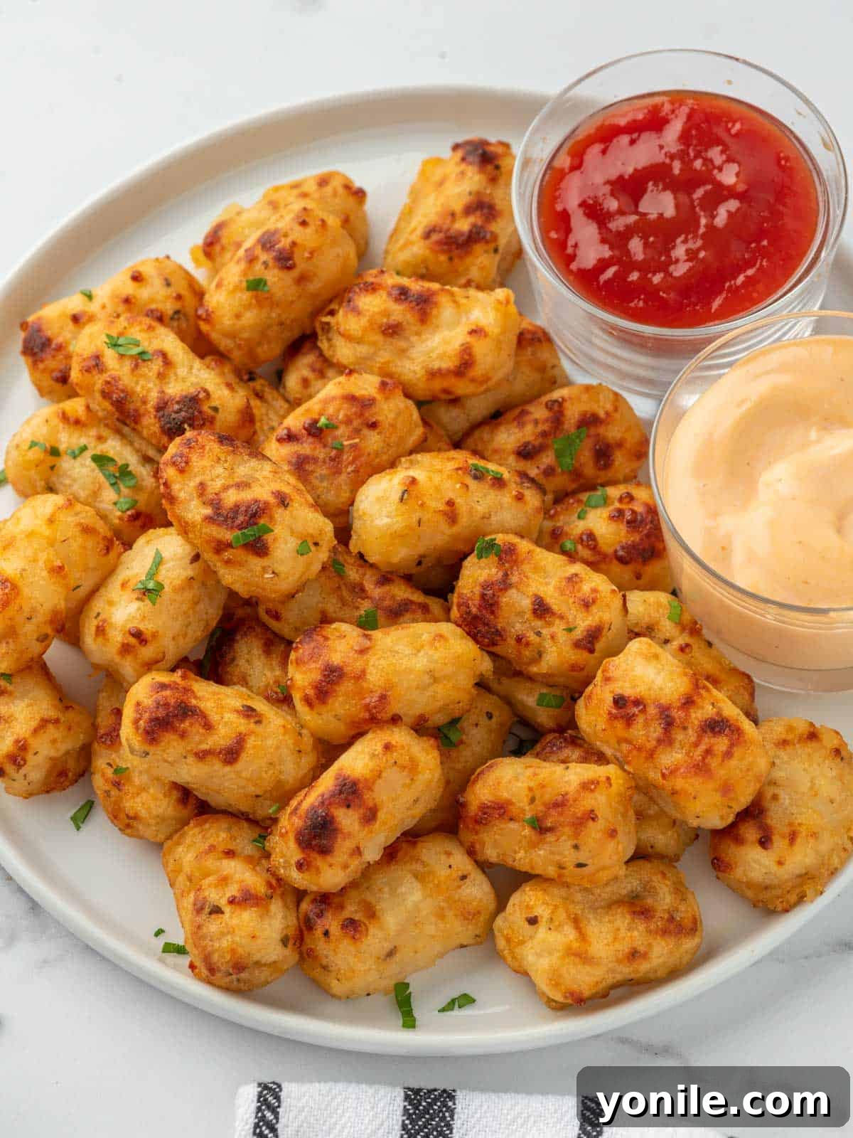 Cheesy tater tots with ketchup.
