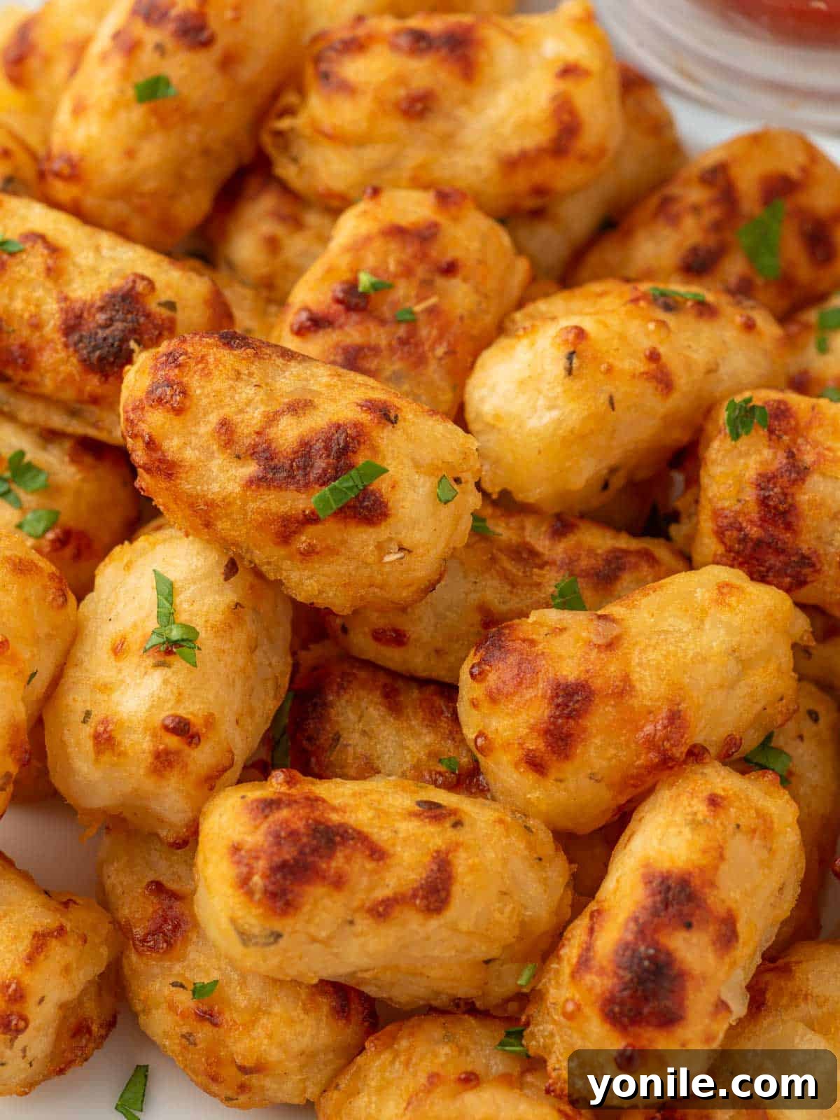 Close up of cheesy tater tots in a pile.
