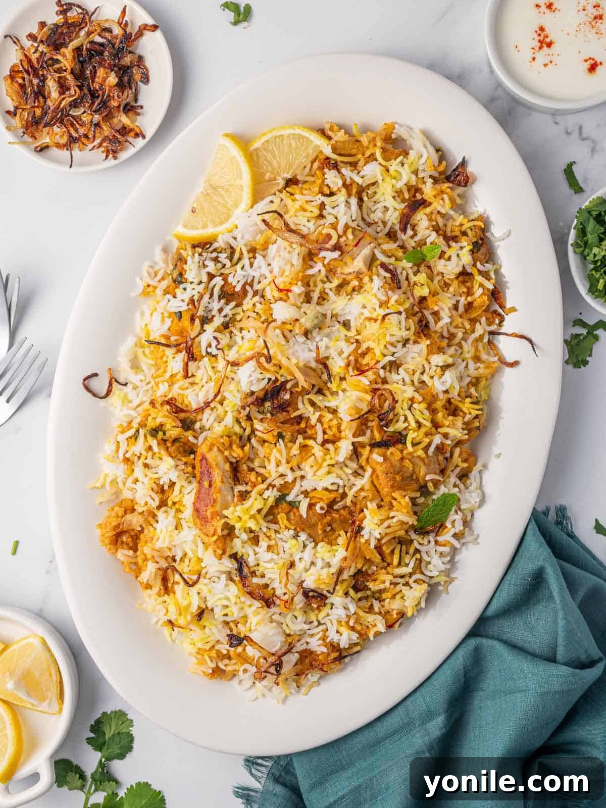 Quick Chicken Biryani 2 A vibrant platter of easy homemade chicken biryani garnished with fresh herbs and lemon wedges, ready to be served.
