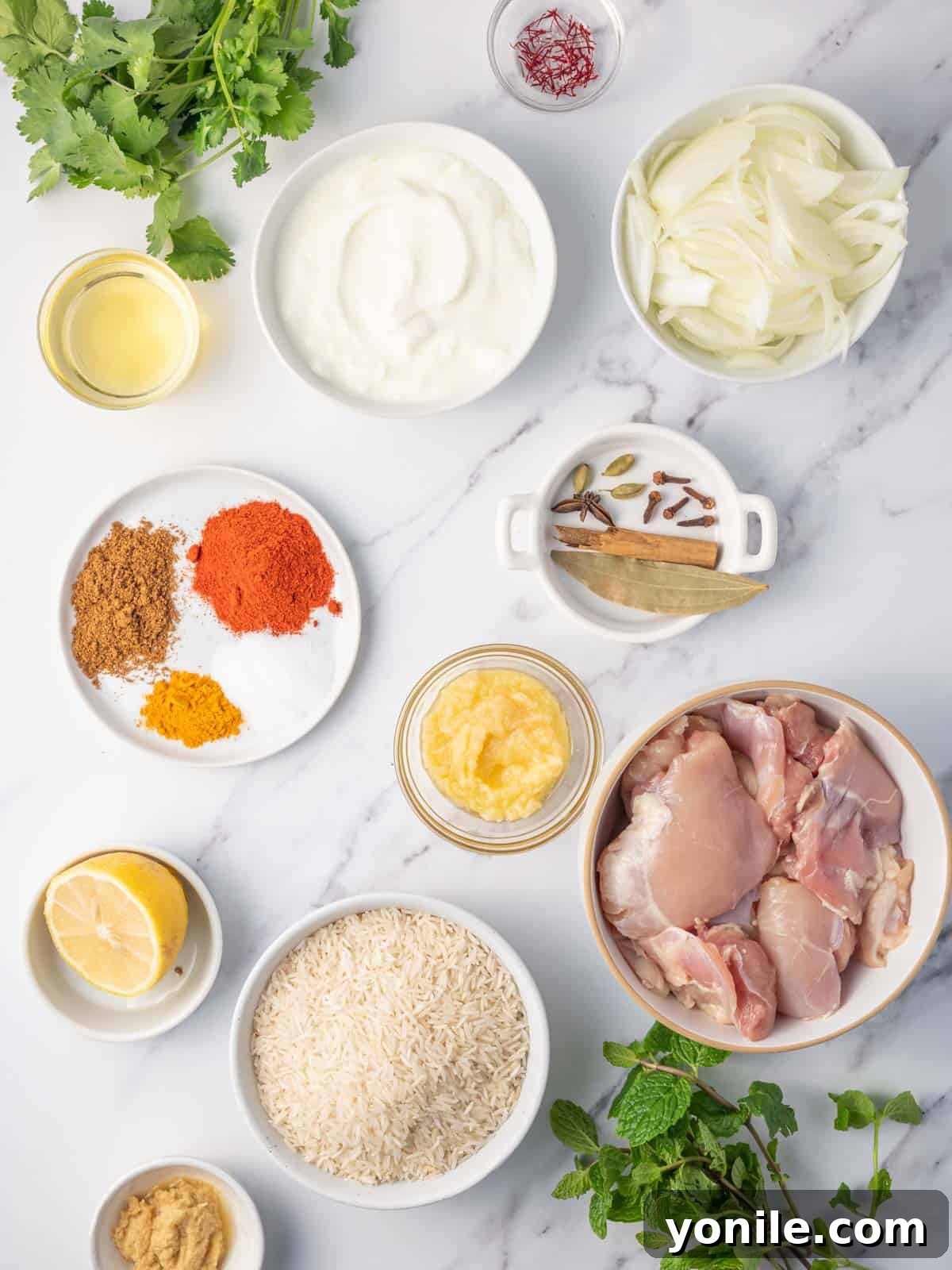 Quick Chicken Biryani 3 A colorful array of ingredients laid out on a table, including chicken, yogurt, onions, saffron, rice, and various spices, all ready for the easy chicken biryani recipe.