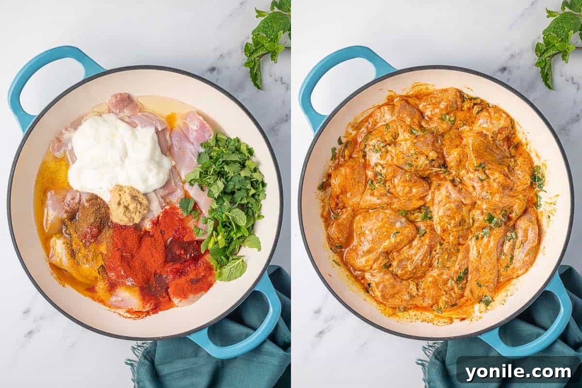 Quick Chicken Biryani 4 Yogurt marinated chicken biryani mixture ready to cook in a large dutch oven.