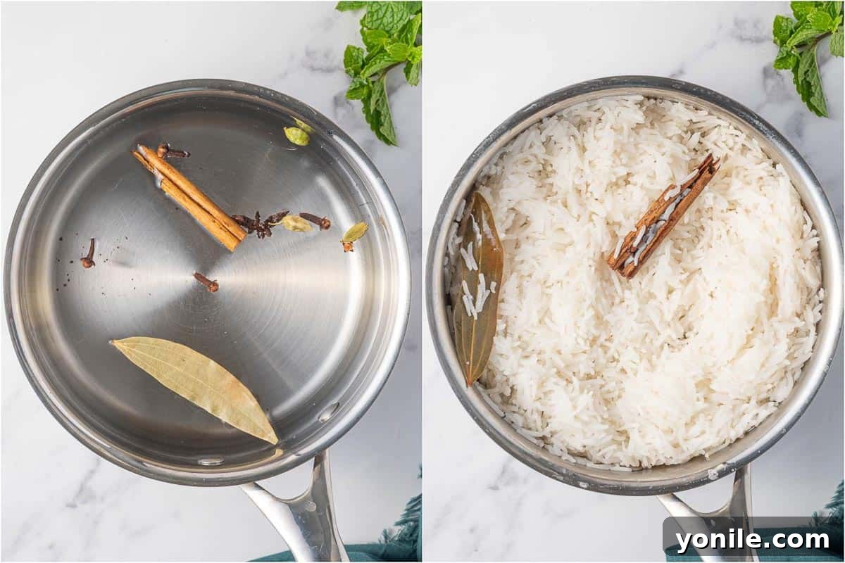 Quick Chicken Biryani 5 Basmati rice cooking with whole spices, a key step in creating aromatic biryani rice.