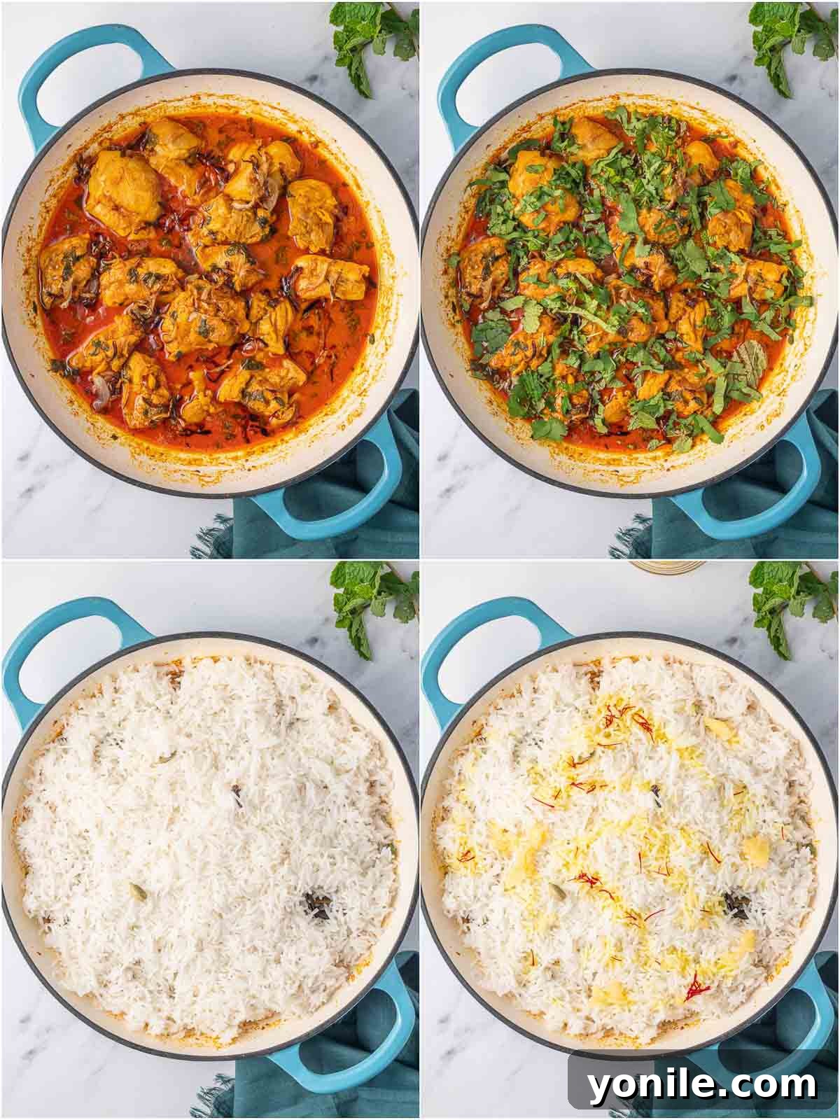Quick Chicken Biryani 6 Layers of cooked chicken, caramelized onions, herbs, and rice are meticulously arranged in a Dutch oven, creating a simple yet authentic biryani.
