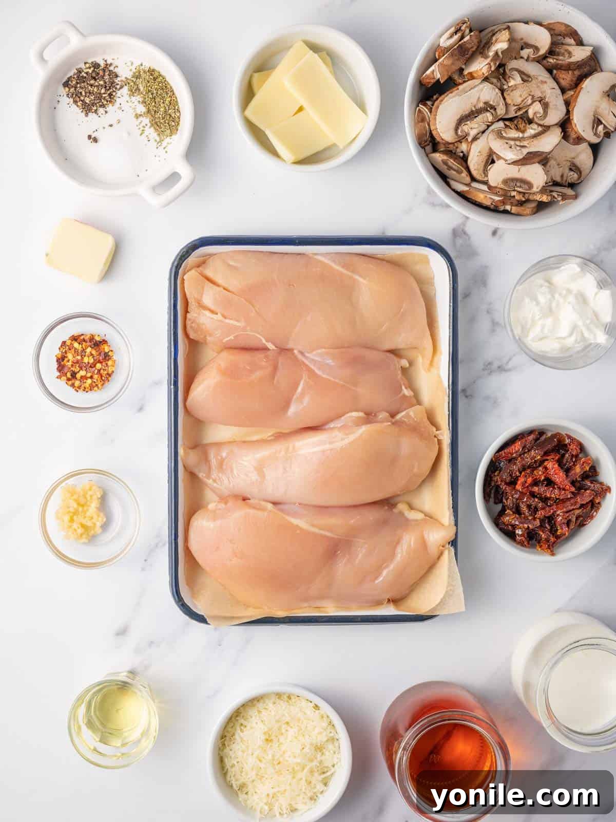All the fresh ingredients laid out for making Stuffed Chicken Marsala, including chicken breasts, mushrooms, sun-dried tomatoes, cheeses, and Marsala wine.