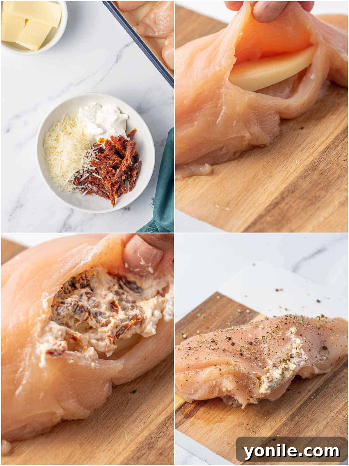 Step-by-step photos illustrating how to properly slice a chicken breast to create a pocket and fill it with creamy cheese and sun-dried tomato mixture.