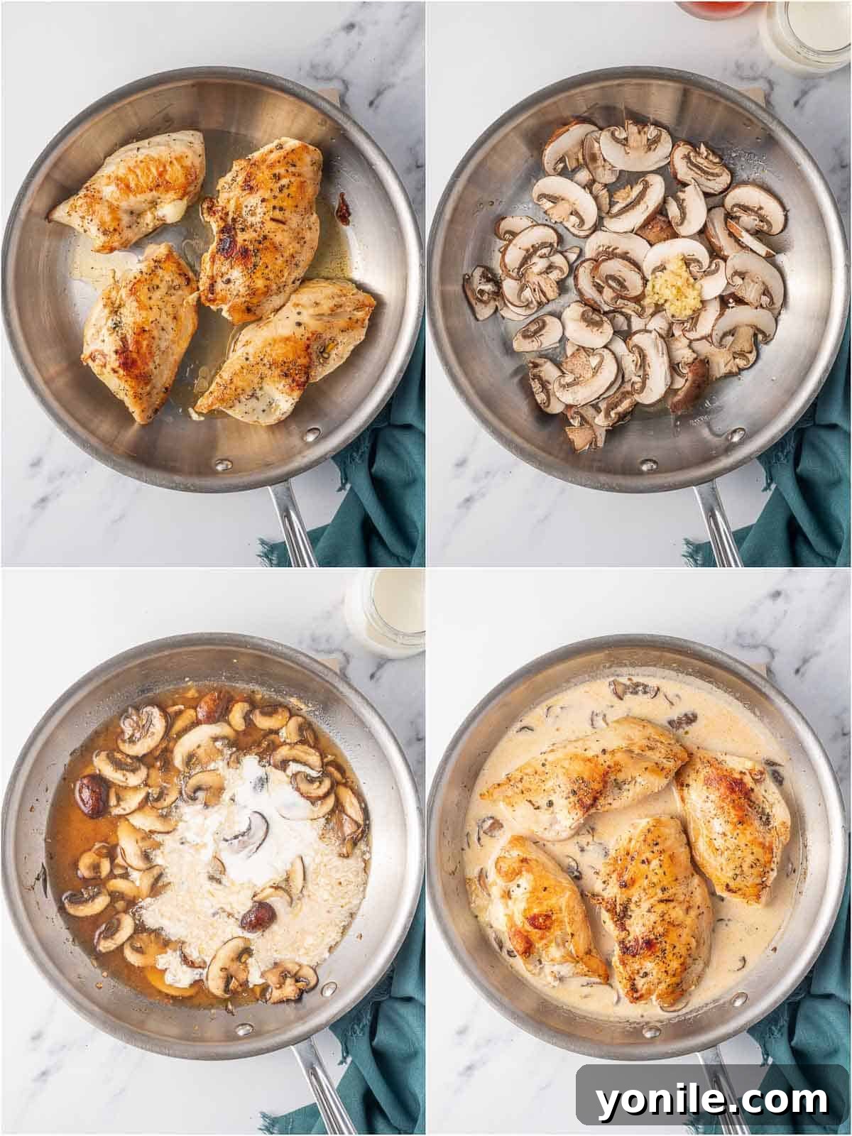 Close-up view of making a creamy Marsala sauce in a skillet, showing sautéed mushrooms and garlic simmering in Marsala wine and cream.