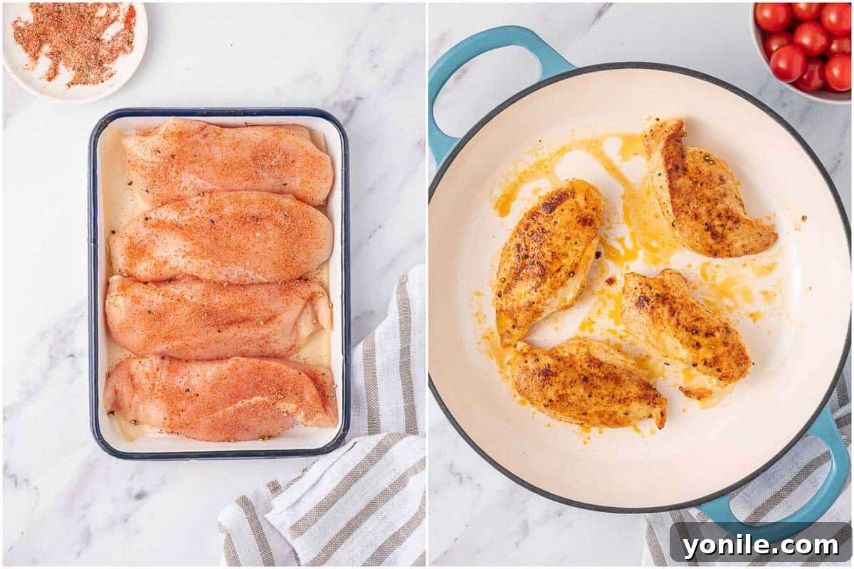 Step-by-step image showing how to season raw chicken breasts with spices and then sear them to a golden brown in a hot skillet.