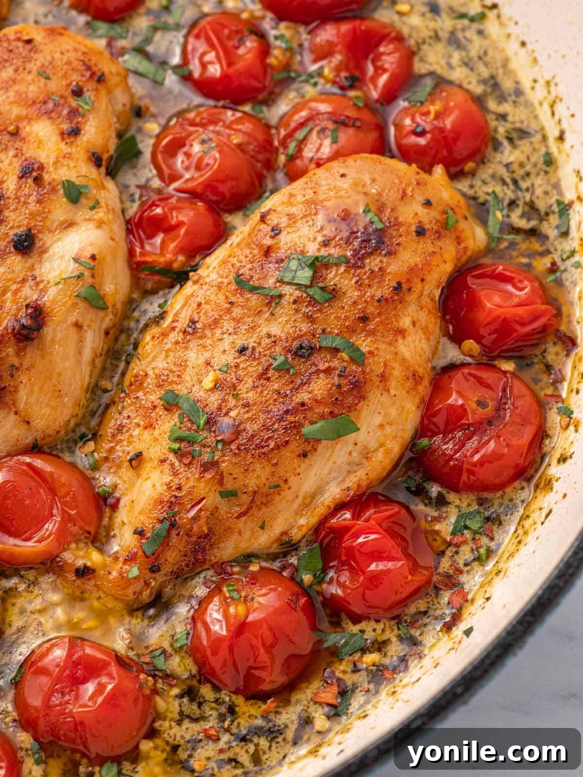 A close-up shot of the skillet filled with creamy pesto chicken, showing the rich green sauce, tender chicken, and vibrant red tomatoes.