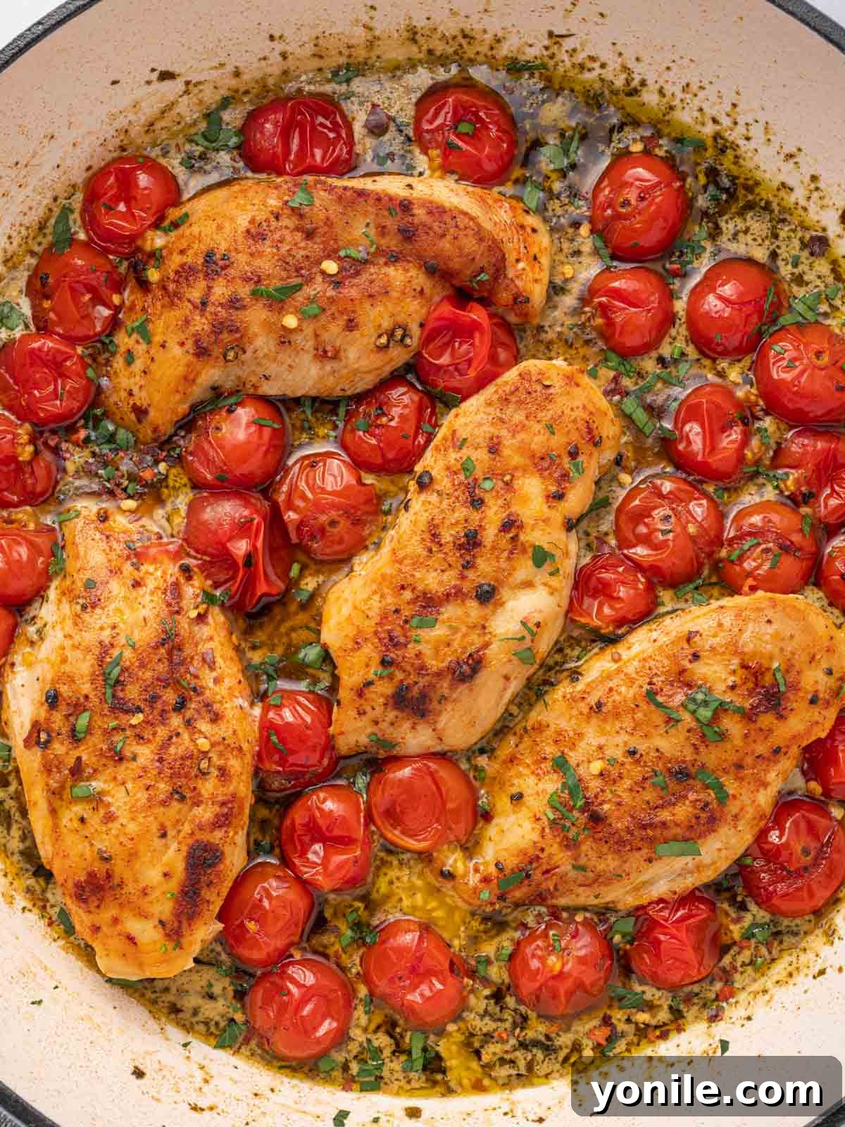 A vibrant plate of creamy pesto chicken, showcasing slices of chicken breast coated in green pesto sauce, alongside bright red blistered tomatoes.