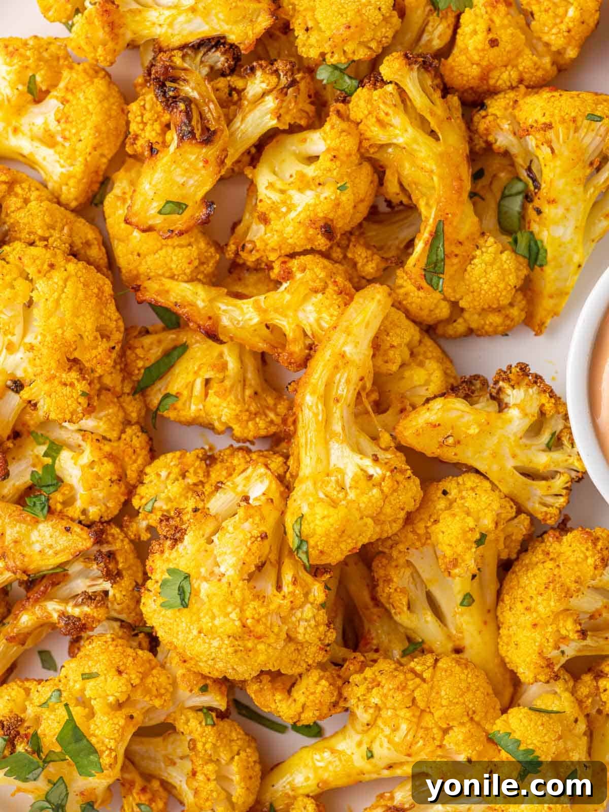 A close-up view highlighting the perfectly seasoned and crispy texture of individual air fryer cauliflower bites, garnished with fresh green herbs.