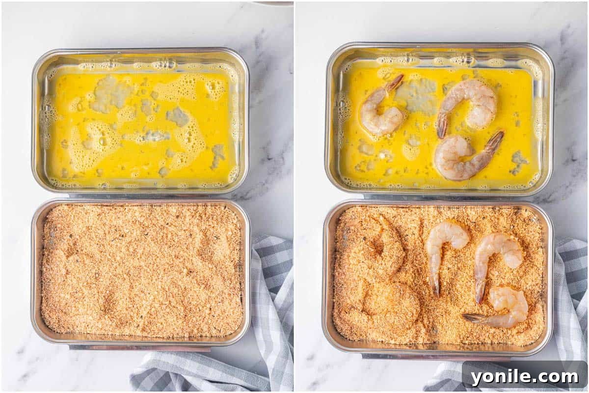 Crispy Air Fryer Keto Shrimp 4 Step-by-step image showing how to dredge shrimp with almond flour breading mixture.