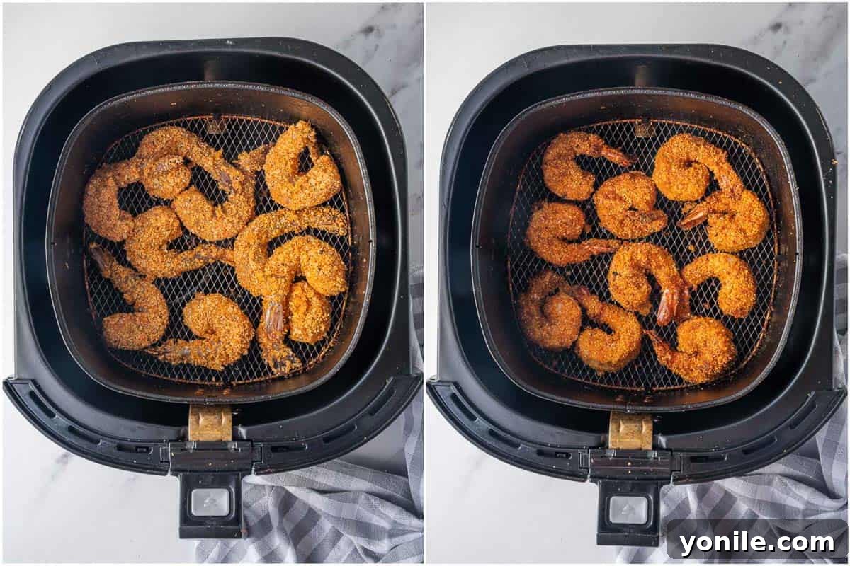 Crispy Air Fryer Keto Shrimp 5 Before and after comparison of raw breaded shrimp and golden-brown air fried shrimp.