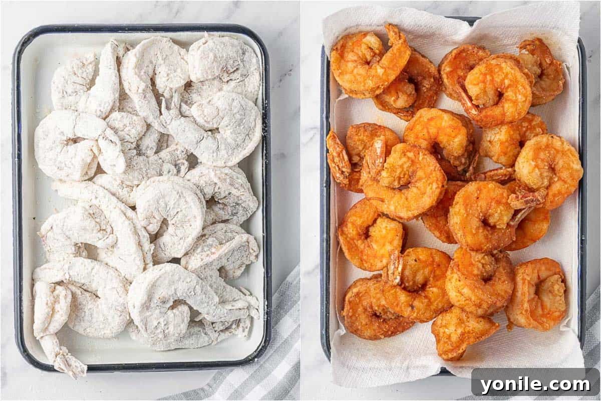 A side-by-side view showing raw, coated shrimp ready for frying next to a plate of finished, golden-brown fried shrimp.