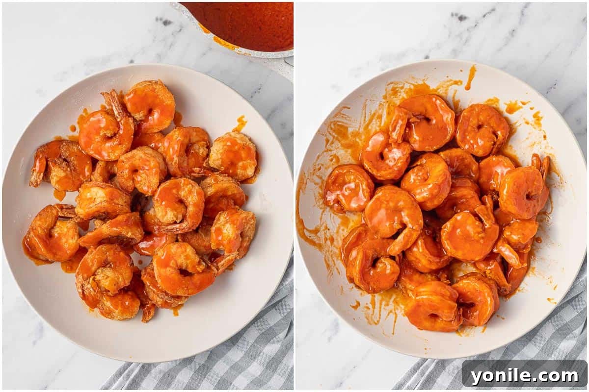 Crispy fried shrimp being tossed in a bowl with a generous amount of vibrant red buffalo sauce, ensuring every piece is coated.