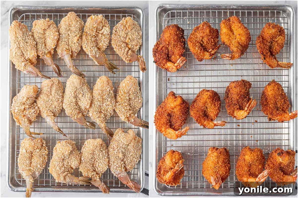A two-part image showing shrimp on a platter: the left side displays raw breaded butterfly shrimp, and the right side shows the same shrimp after being perfectly fried to a golden crisp.