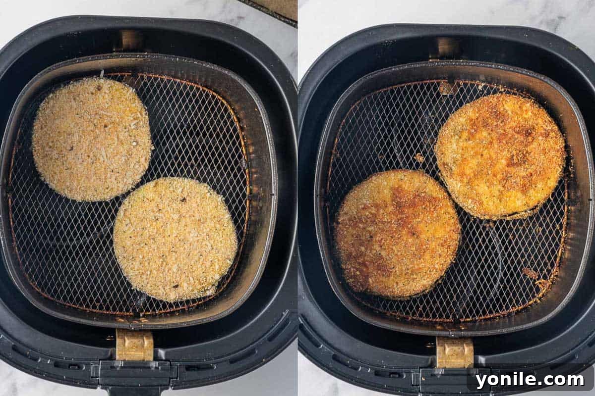 Golden Crispy Air-Fried Eggplant 7 A split image showing breaded eggplant slices in an air fryer basket before and after cooking to a golden crisp.