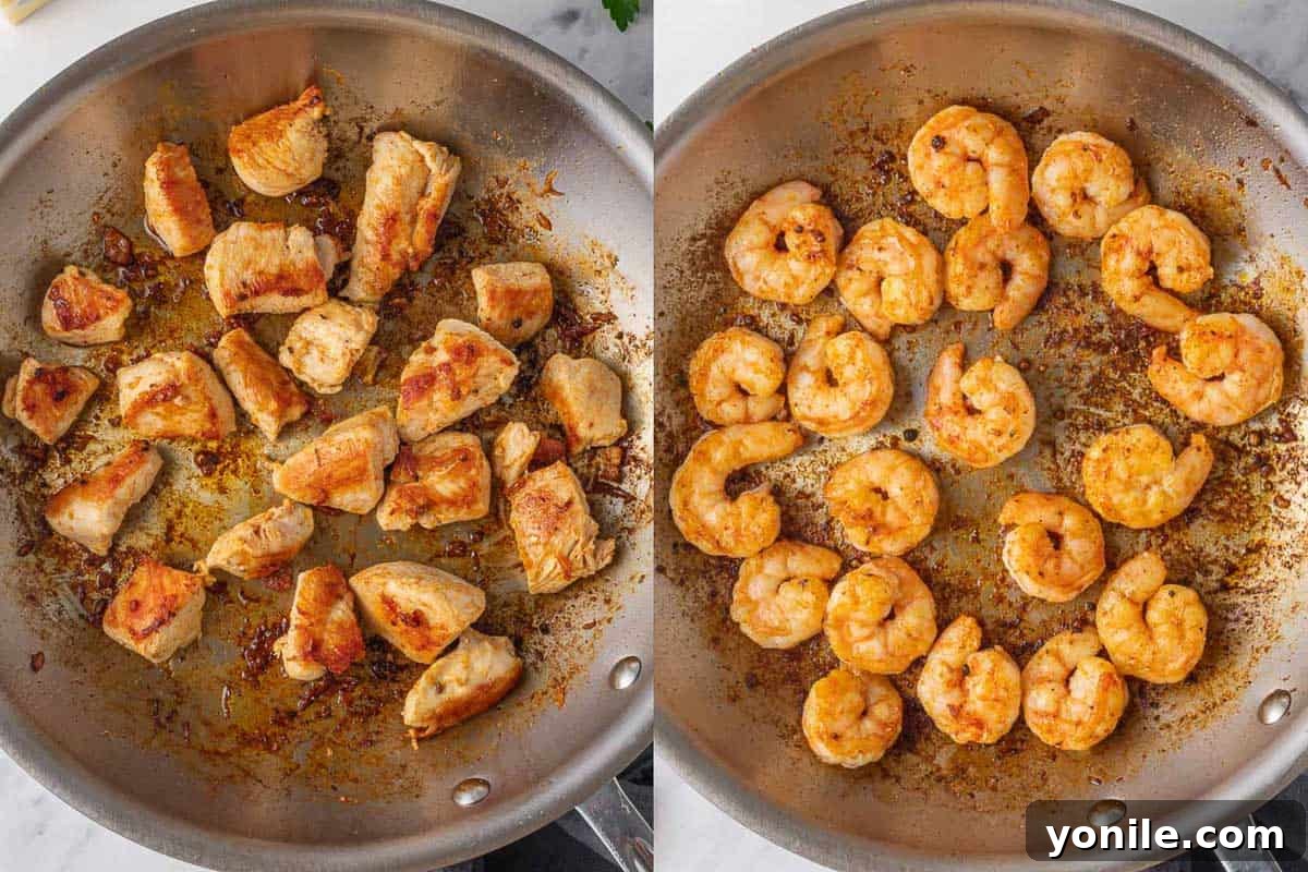 How to saute chicken and shrimp.