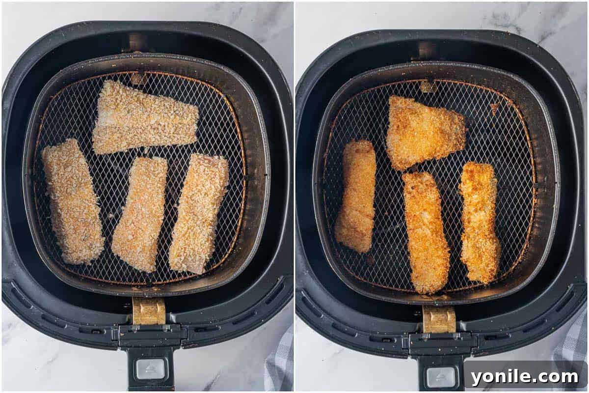 Homemade crispy fish sticks in air fryer.