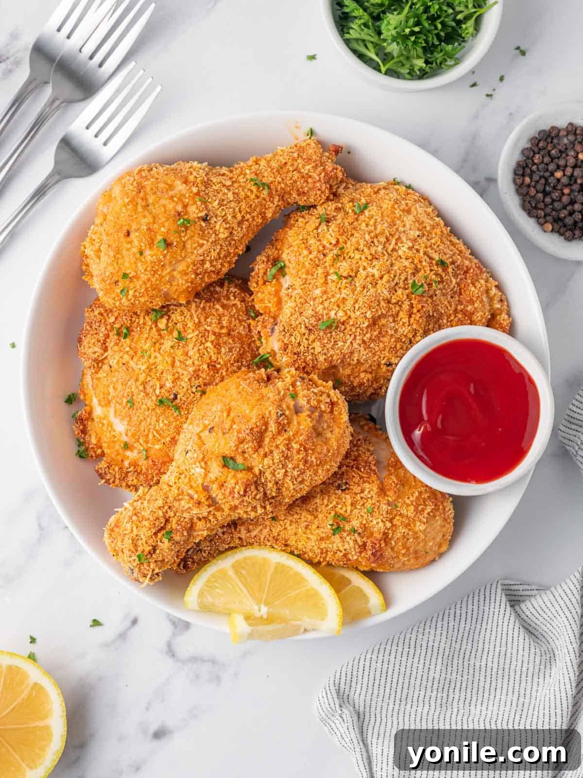 A bowl of crunchy fried chicken with dipping sauce.