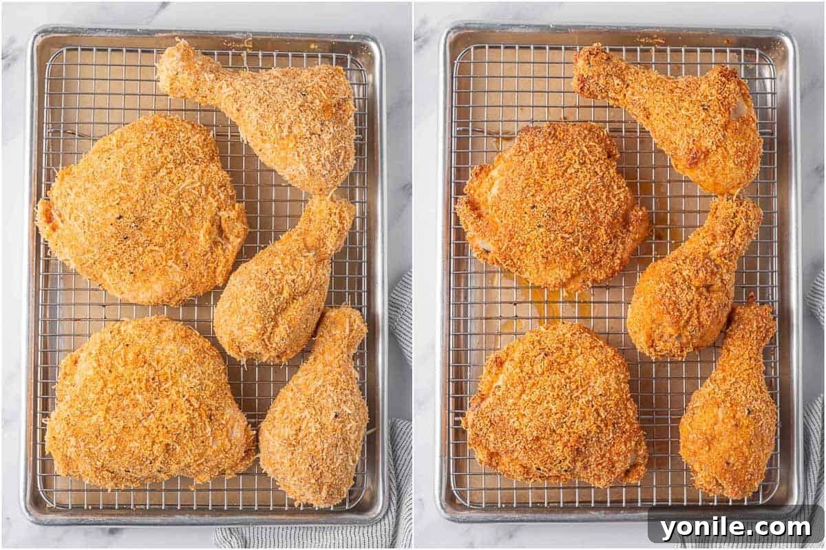 Before and after frying the chicken.