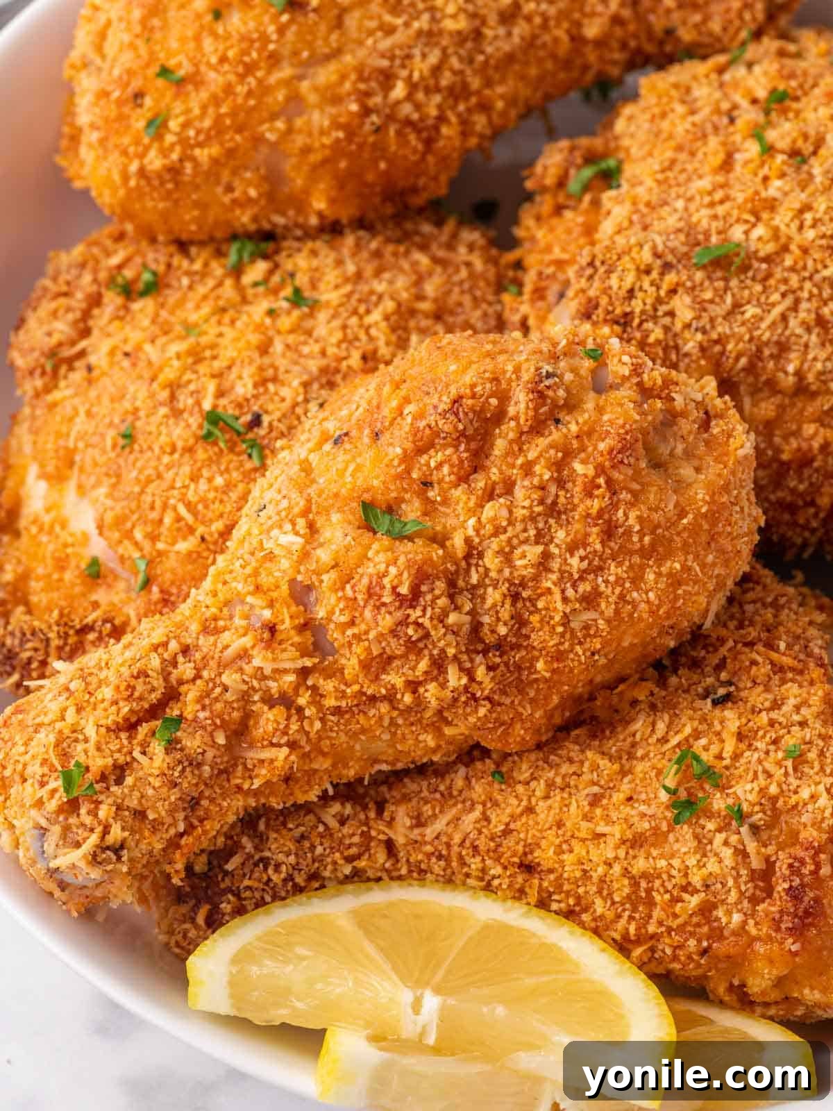 Closeup of fried chicken with almond flour coating.