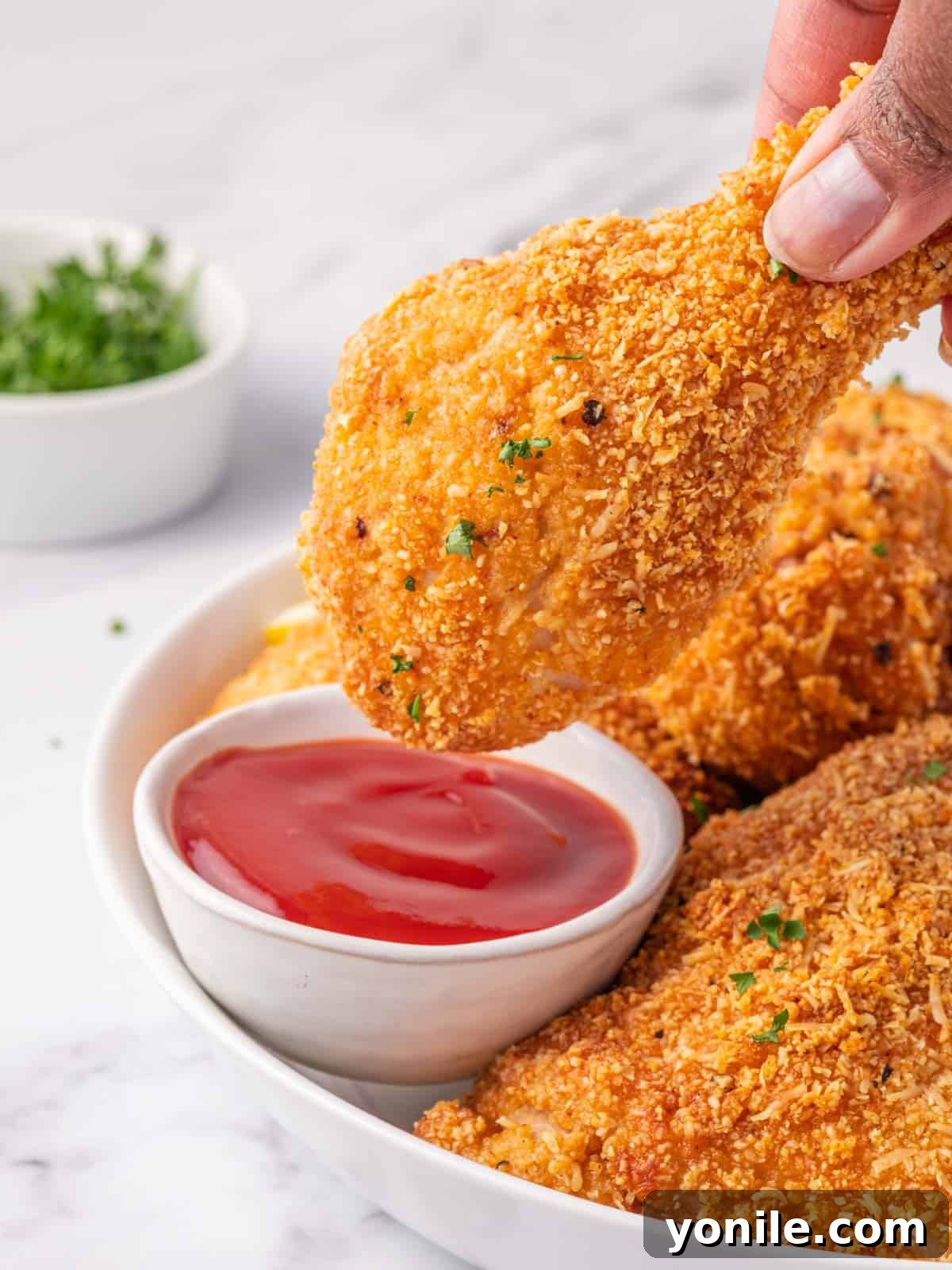 A keto fried chicken leg is dipped in sauce.