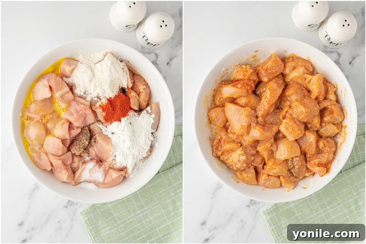 Indo-Chinese Chicken Sensation 4 How to marinate chicken for frying, showing chicken cubes thoroughly coated in seasoning.