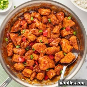 Indo-Chinese Chicken Sensation 10 A spoon lifts a serving of Indo-chinese chicken recipe, showcasing the vibrant sauce and crispy chicken pieces.