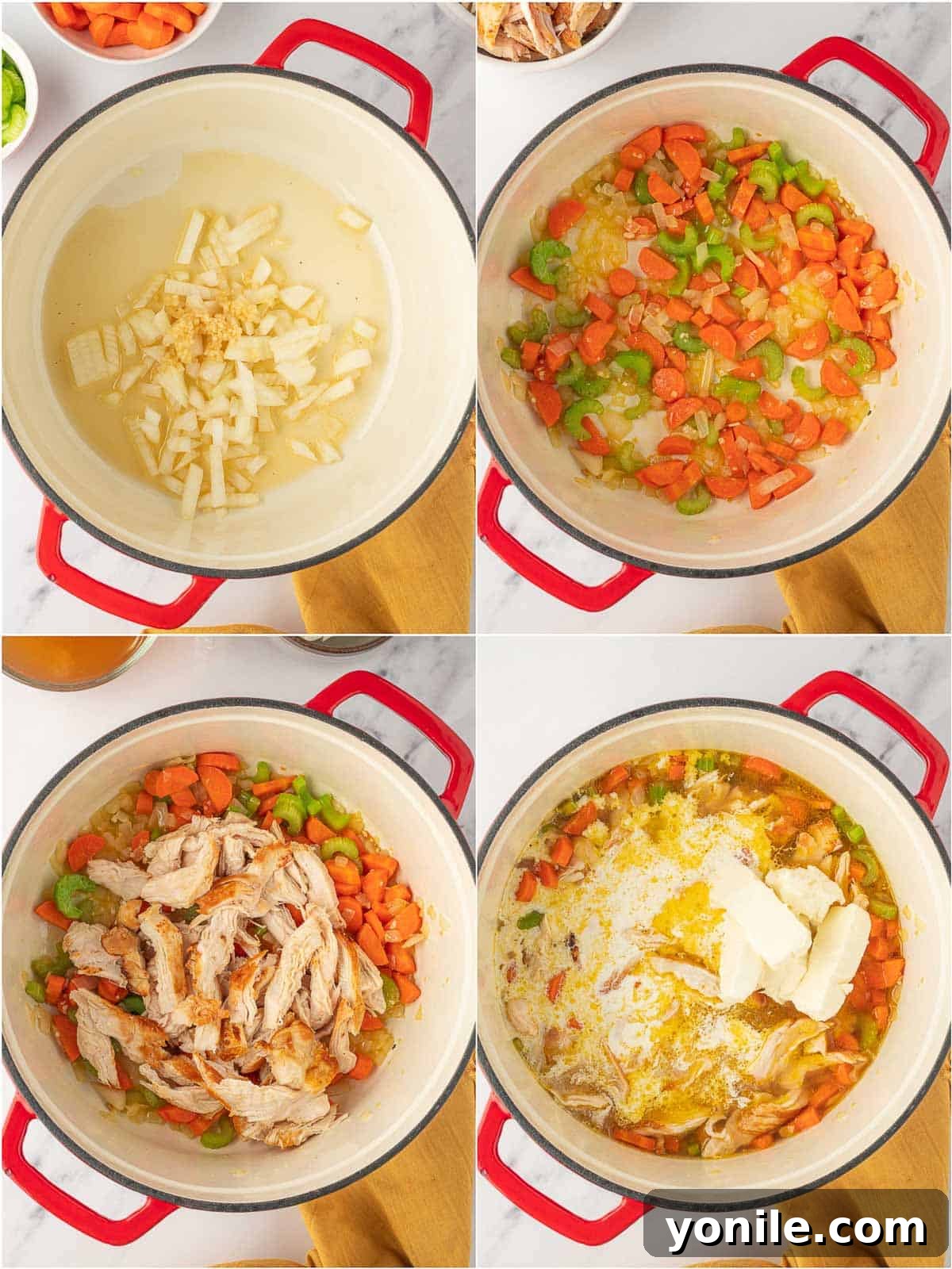 Velvety Chicken Garden Soup 4 Chef's hands adding ingredients to a dutch oven to build the soup base.