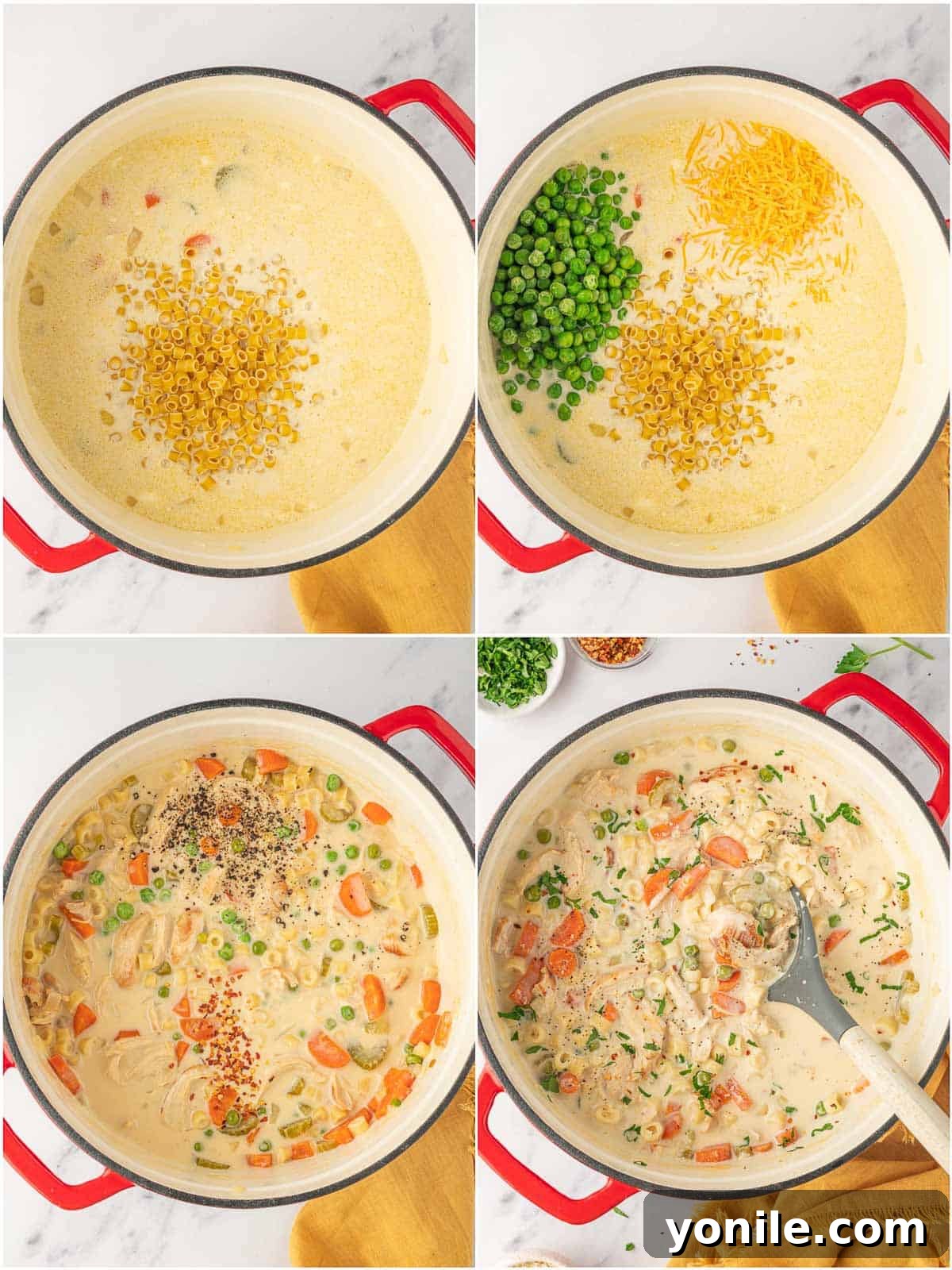Velvety Chicken Garden Soup 5 Adding pasta and peas to the simmering creamy chicken and vegetable soup.