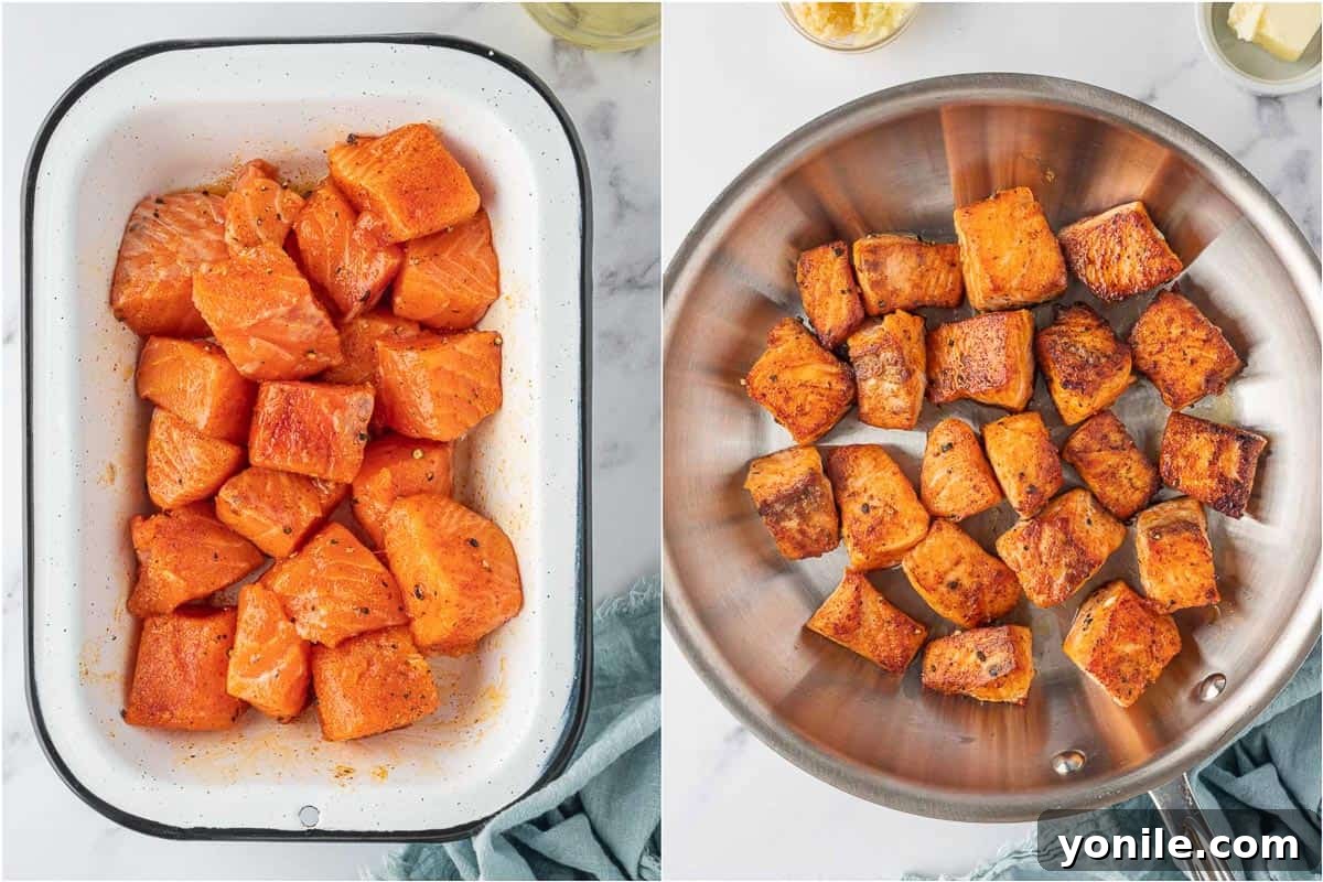 Glazed Honey Garlic Salmon Bites 4 Diced salmon pieces being seasoned and gently massaged with oil in a skillet before searing.