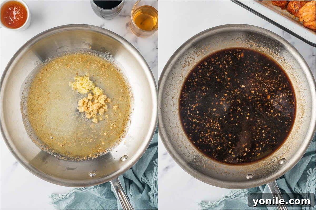 Glazed Honey Garlic Salmon Bites 5 Ingredients for honey garlic sauce simmering in a skillet: soy sauce, rice vinegar, and honey being stirred.