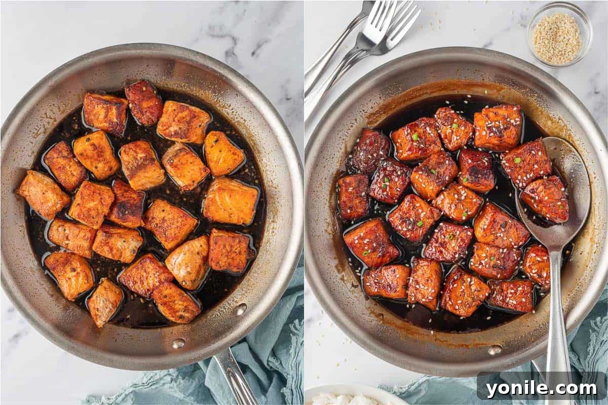 Glazed Honey Garlic Salmon Bites 6 Crispy salmon bites being tossed in the sticky honey garlic sauce in a hot skillet.
