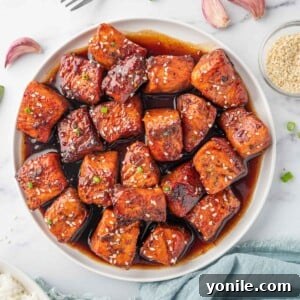 Glazed Honey Garlic Salmon Bites 10 A bowl of honey glazed salmon bites with rice, garnished.