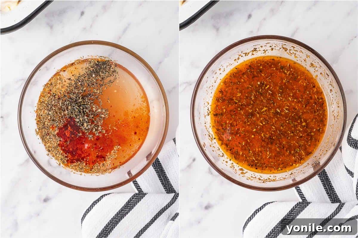 A bowl containing a freshly made Mediterranean marinade mixture of lemon juice, olive oil, red wine vinegar, minced garlic, and dried herbs.