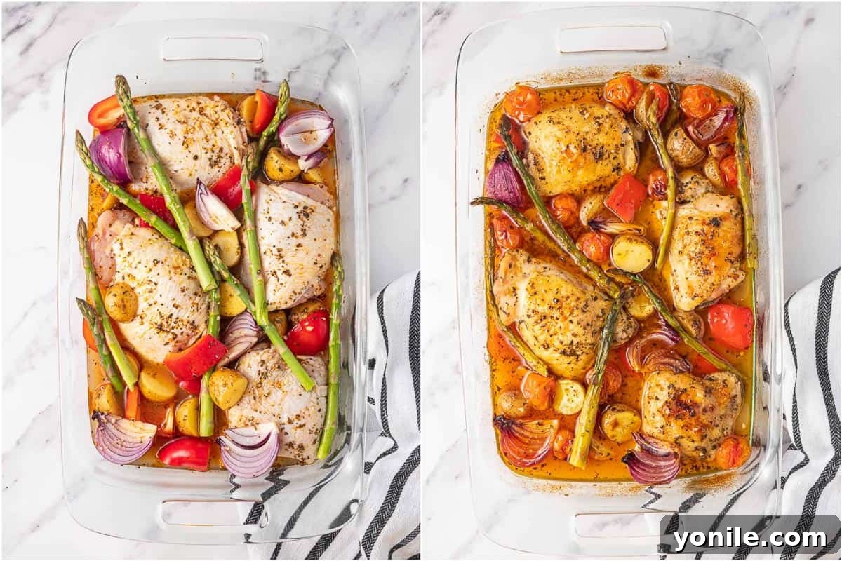 A two-part image showing Mediterranean chicken with vegetables before baking (raw) and after baking (golden and cooked), with Kalamata olives and cherry tomatoes.