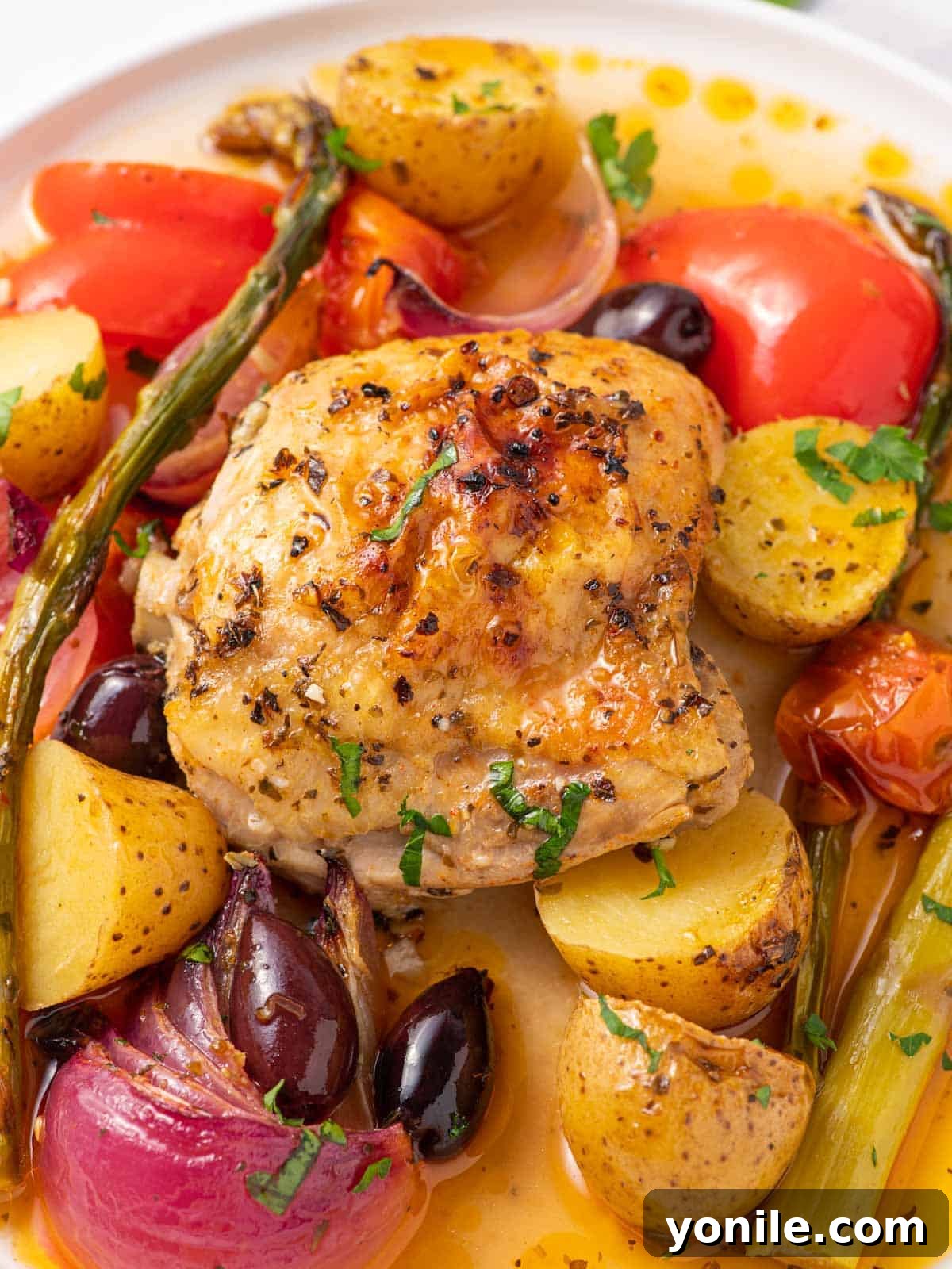 Close up view of the finished Mediterranean Chicken Bake with roasted chicken, olives, and a mix of colorful vegetables, served directly from the baking dish.