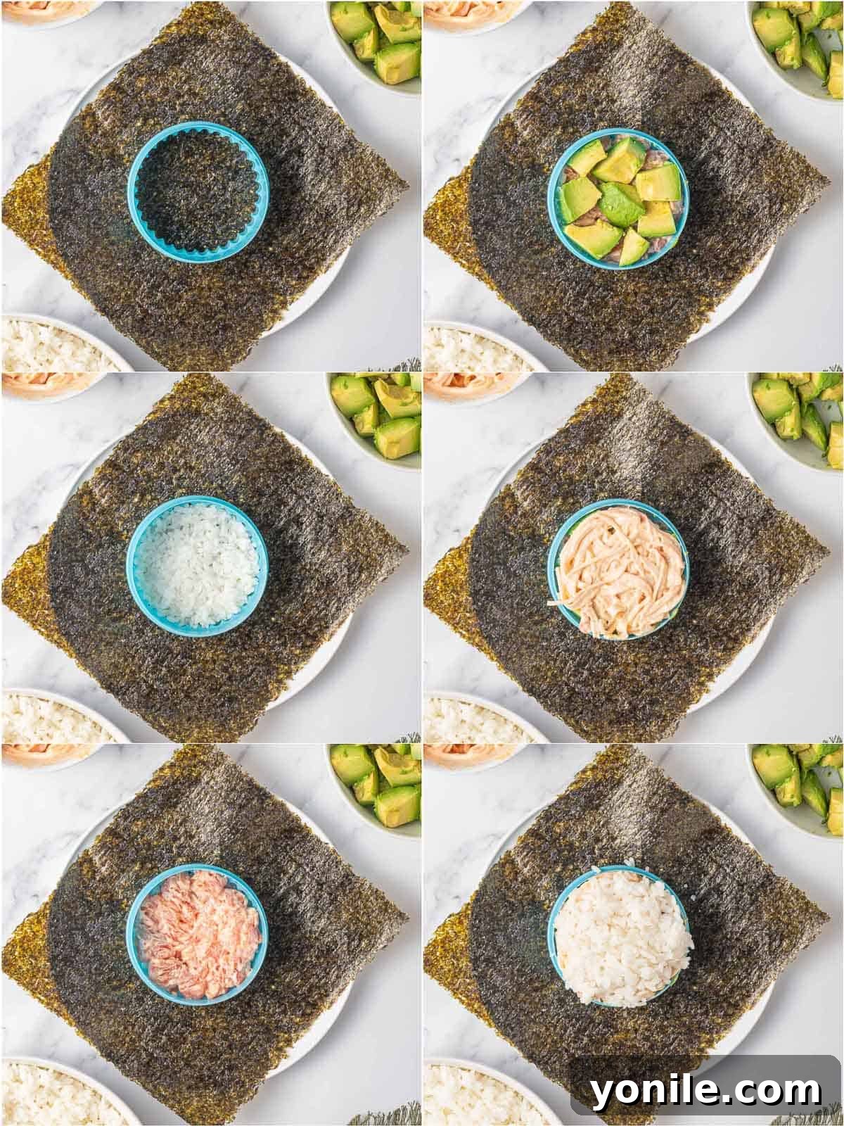 A step-by-step visual guide showing how to build a sushi burger with layers of rice, salmon, avocado, and crab using a ring mold.