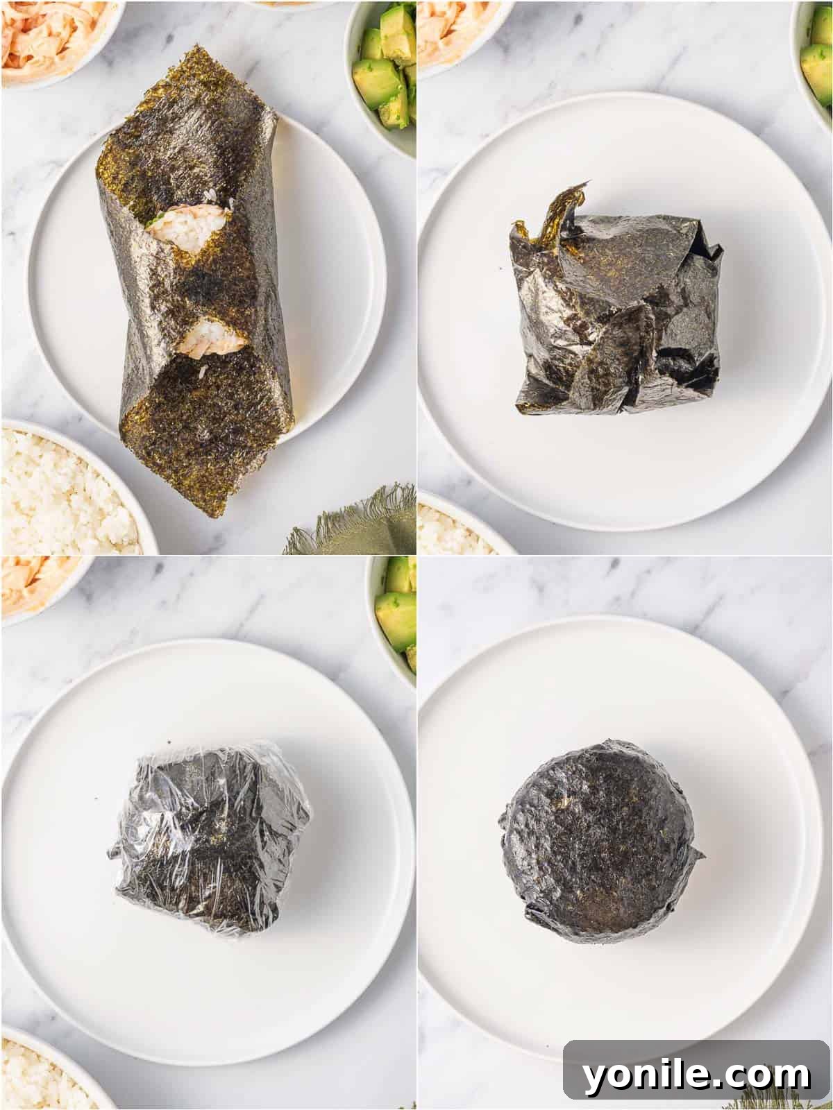 A demonstration of how to expertly fold a Japanese seaweed wrap (nori) around the stacked sushi burger ingredients to secure them.