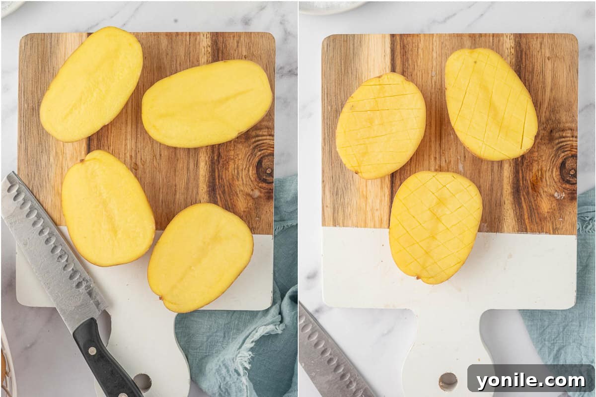 How to slice and score tiktok potatoes for optimal crispiness.