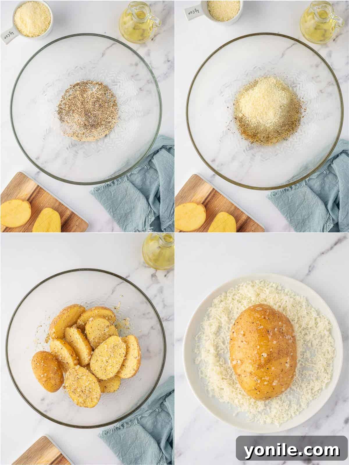 Step by step image showing how to coat garlic parmesan potatoes with seasoning.