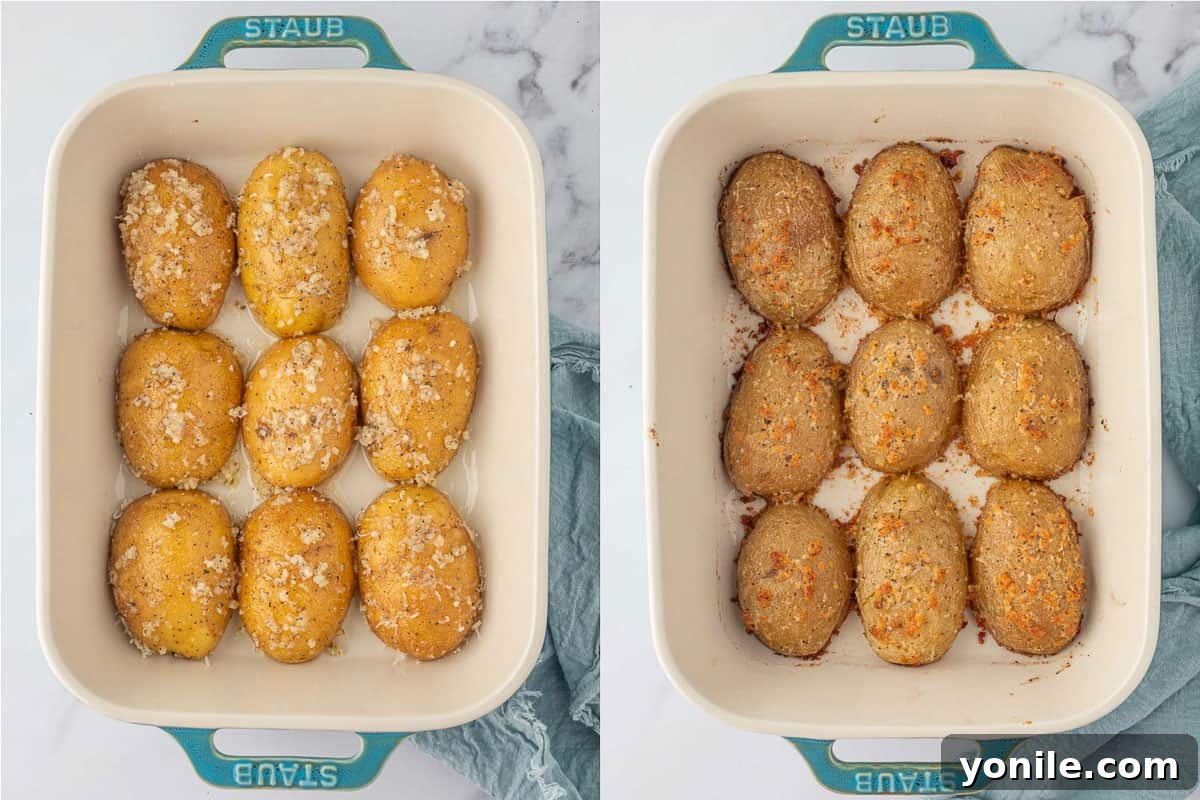 Before and after images of baked crispy parmesan potatoes, highlighting the golden crust.
