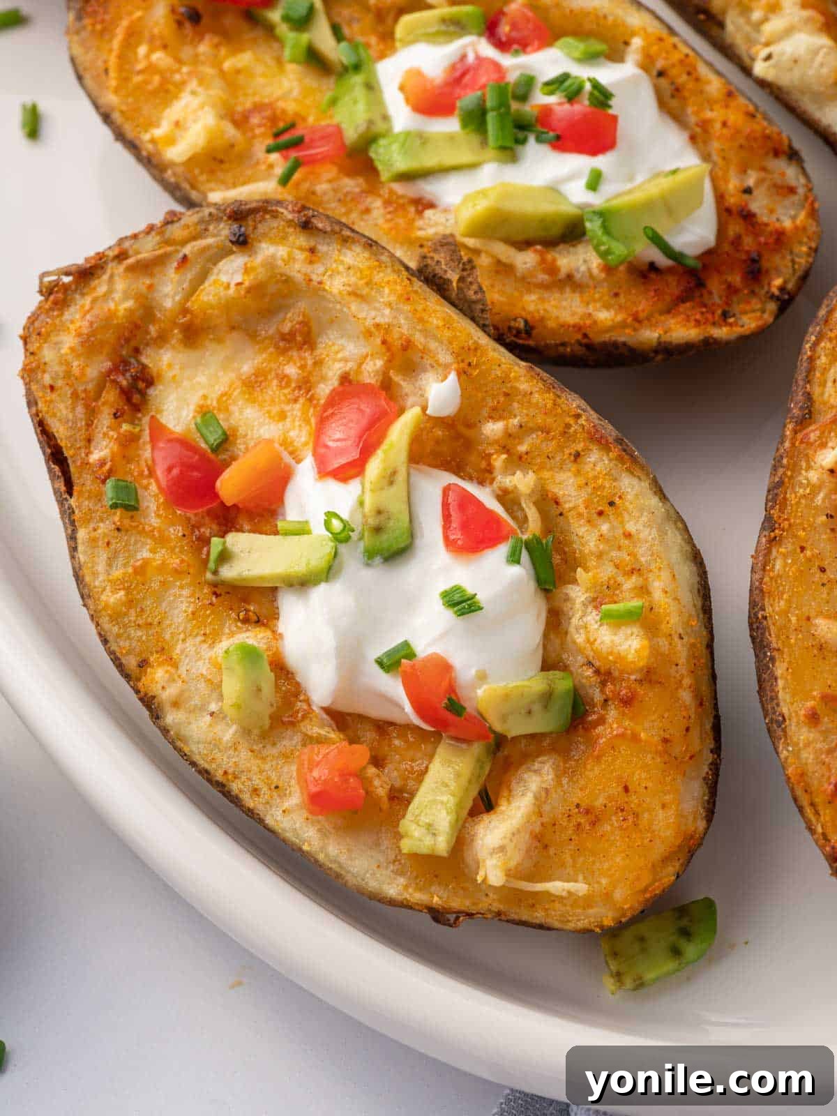 Closeup of homemade potato skins on a plate.