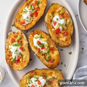 A plate of cheesy air fryer potato skins.